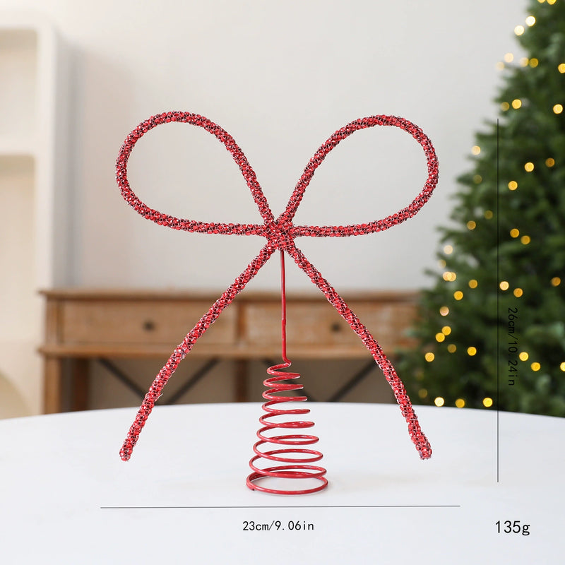 Sparkling Bow-Topped Iron Tree Topper, 10" Tall, Gold/Silver/Red, Christmas Tree Decor, Holiday Gift, Event Styling