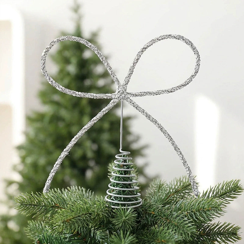 Sparkling Bow-Topped Iron Tree Topper, 10" Tall, Gold/Silver/Red, Christmas Tree Decor, Holiday Gift, Event Styling