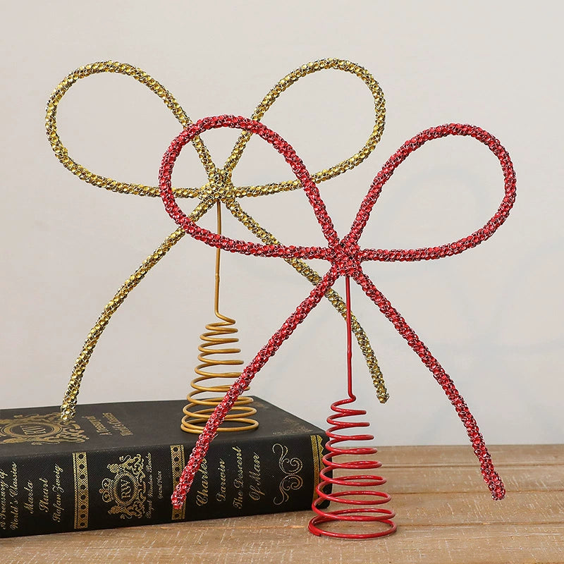 Sparkling Bow-Topped Iron Tree Topper, 10" Tall, Gold/Silver/Red, Christmas Tree Decor, Holiday Gift, Event Styling