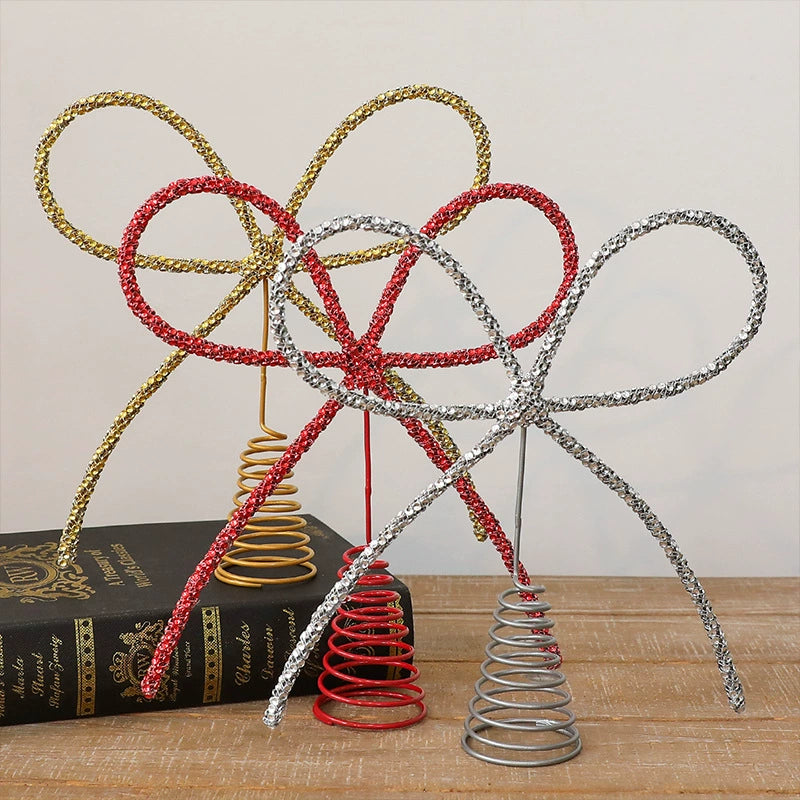 Sparkling Bow-Topped Iron Tree Topper, 10" Tall, Gold/Silver/Red, Christmas Tree Decor, Holiday Gift, Event Styling