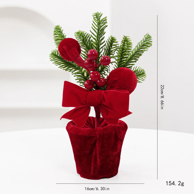 Burgundy Velvet Christmas Ball Potted Plant, Seasonal Decoration for Entryways, Windows, and Displays, Set of 4 Styles