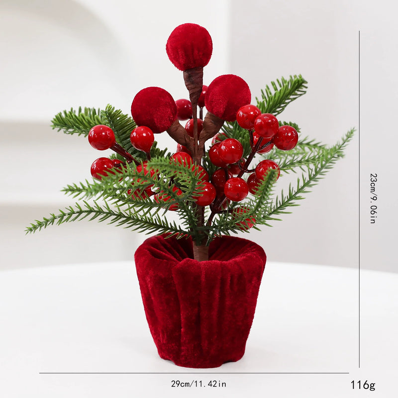 Burgundy Velvet Christmas Ball Potted Plant, Seasonal Decoration for Entryways, Windows, and Displays, Set of 4 Styles