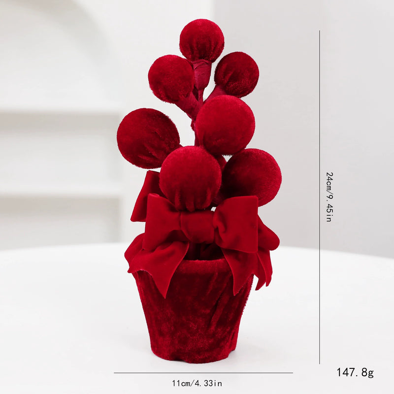 Burgundy Velvet Christmas Ball Potted Plant, Seasonal Decoration for Entryways, Windows, and Displays, Set of 4 Styles