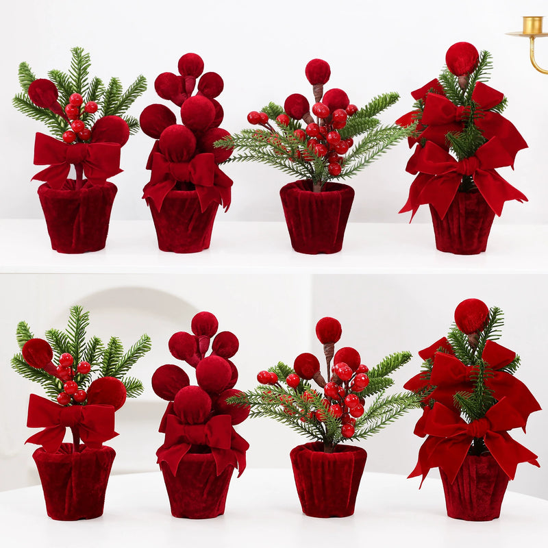 Burgundy Velvet Christmas Ball Potted Plant, Seasonal Decoration for Entryways, Windows, and Displays, Set of 4 Styles