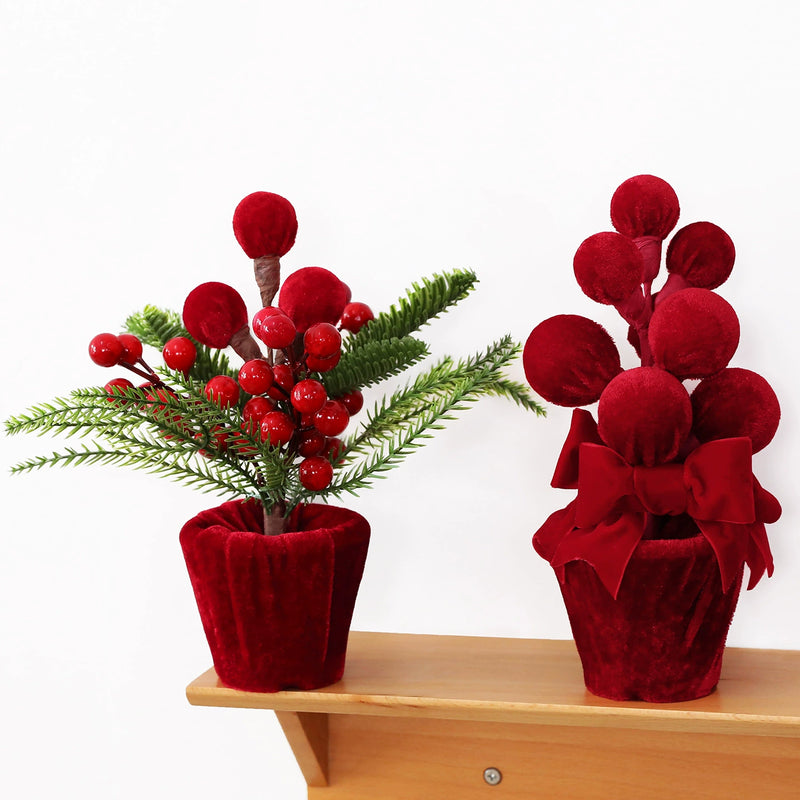 Burgundy Velvet Christmas Ball Potted Plant, Seasonal Decoration for Entryways, Windows, and Displays, Set of 4 Styles
