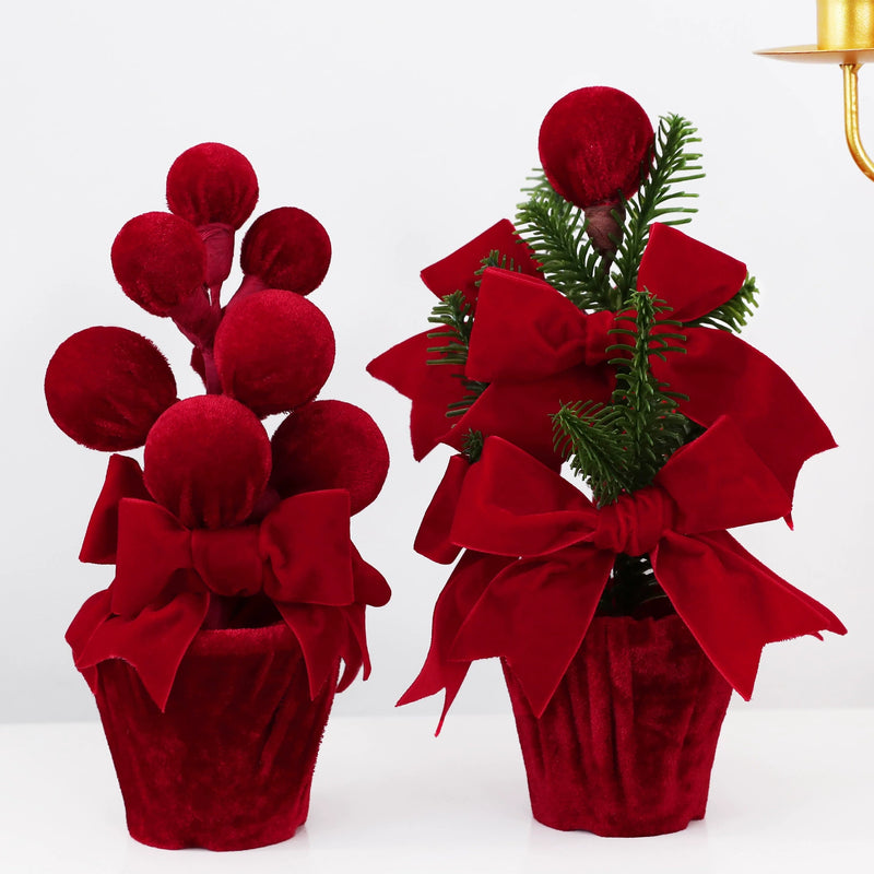 Burgundy Velvet Christmas Ball Potted Plant, Seasonal Decoration for Entryways, Windows, and Displays, Set of 4 Styles
