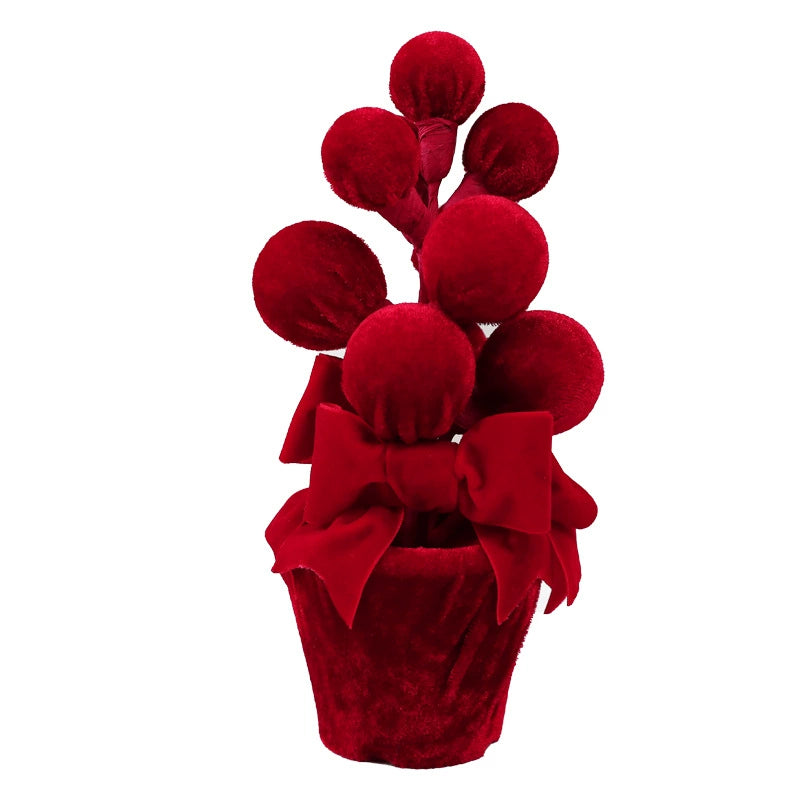 Burgundy Velvet Christmas Ball Potted Plant, Seasonal Decoration for Entryways, Windows, and Displays, Set of 4 Styles