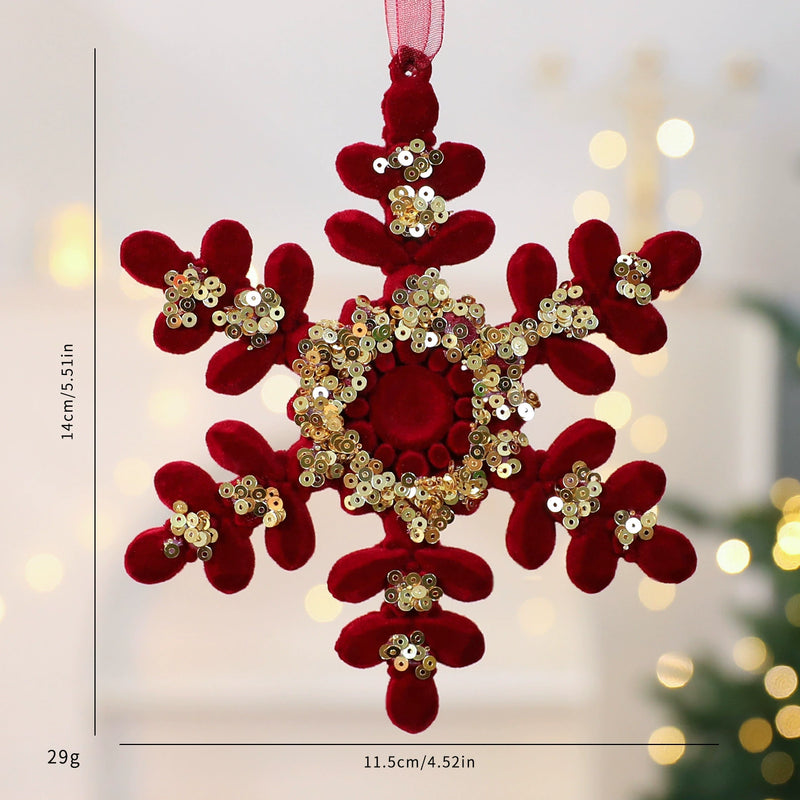 Red Velvet Snowflake Christmas Ornament, Festive Holiday Decor for Tree, Window, or Party
