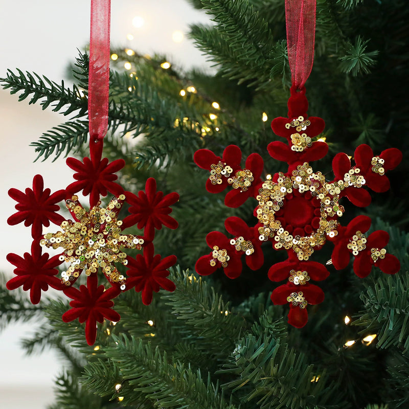 Red Velvet Snowflake Christmas Ornament, Festive Holiday Decor for Tree, Window, or Party