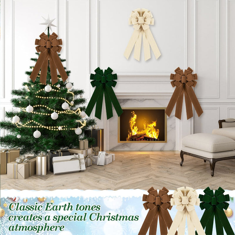 Large Christmas Tree Topper Bow, 20" Wide, Red, Cream, Brown, Dark Green, Burgundy, Perfect for Tree, Fireplace, Staircase, Doorway Decor