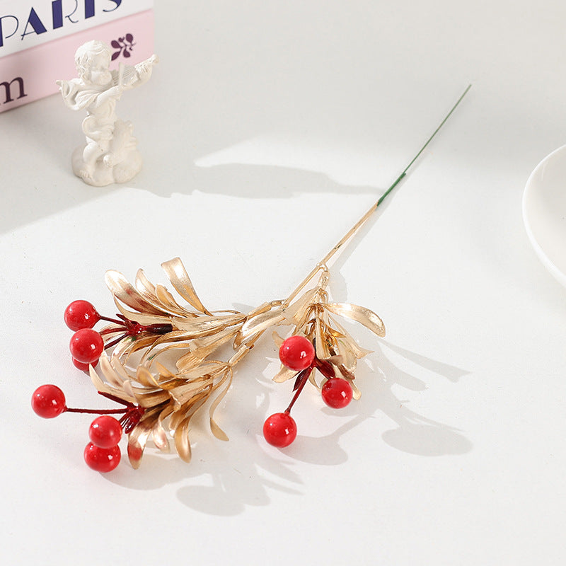 Artificial Christmas Berries with Gold Leaves, Red Berries, 5 Stems, 13", Holiday Decor, Indoor Arrangements, Wedding & Event Styling