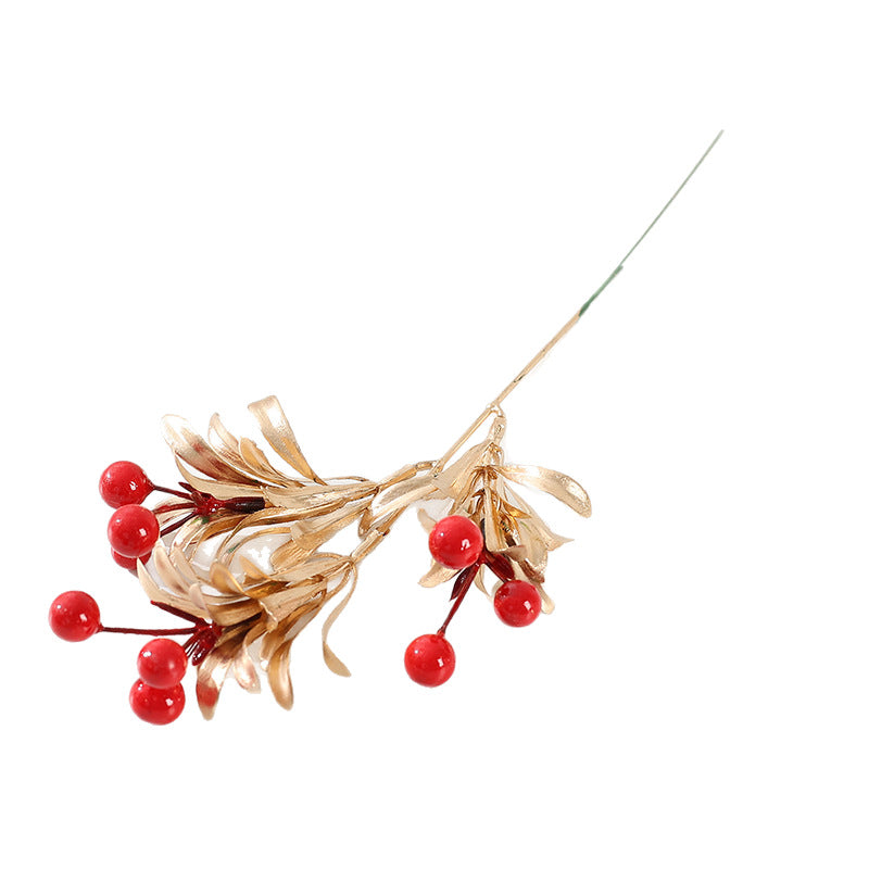 Artificial Christmas Berries with Gold Leaves, Red Berries, 5 Stems, 13", Holiday Decor, Indoor Arrangements, Wedding & Event Styling