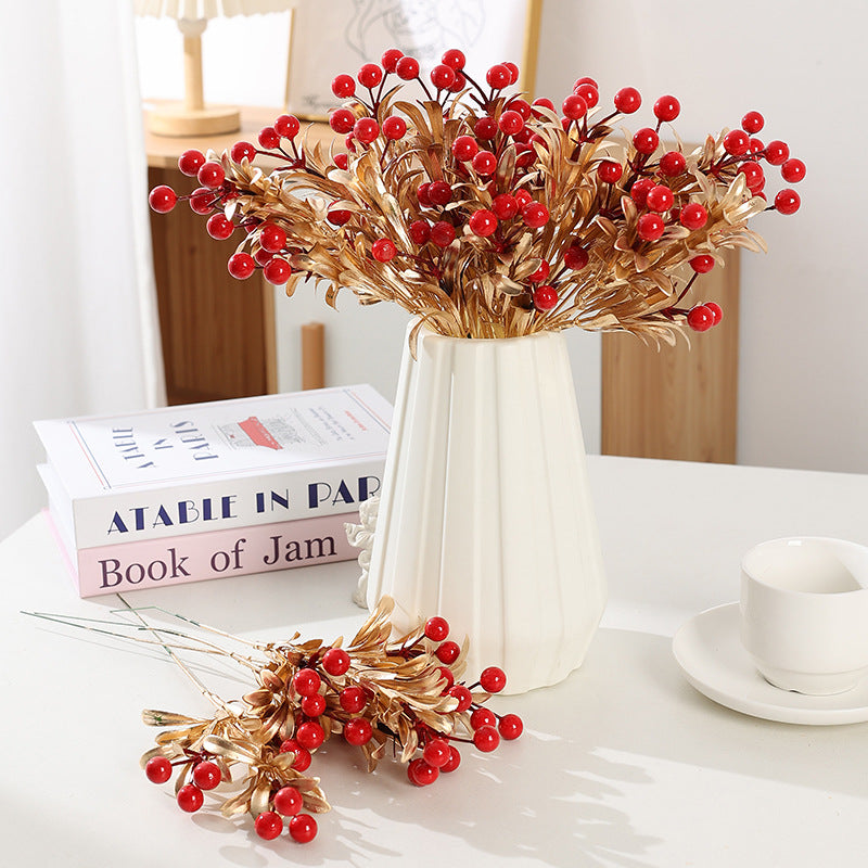 Artificial Christmas Berries with Gold Leaves, Red Berries, 5 Stems, 13", Holiday Decor, Indoor Arrangements, Wedding & Event Styling