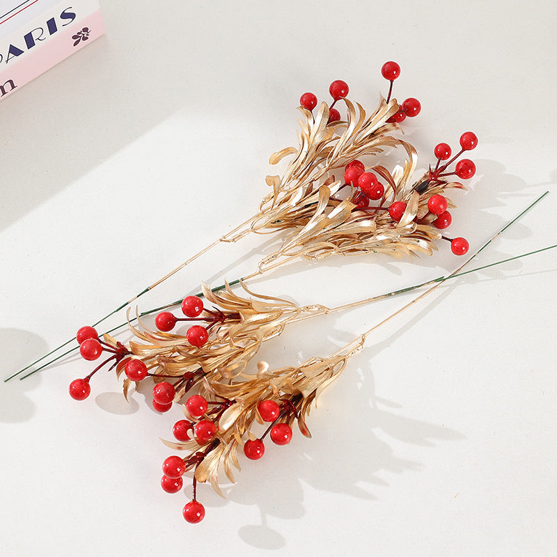 Artificial Christmas Berries with Gold Leaves, Red Berries, 5 Stems, 13", Holiday Decor, Indoor Arrangements, Wedding & Event Styling