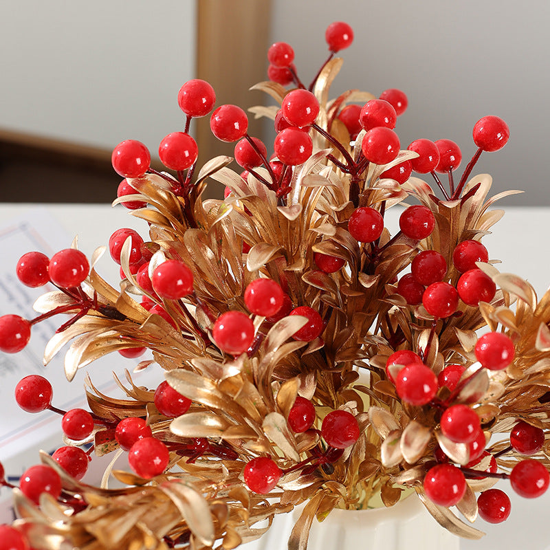 Artificial Christmas Berries with Gold Leaves, Red Berries, 5 Stems, 13", Holiday Decor, Indoor Arrangements, Wedding & Event Styling