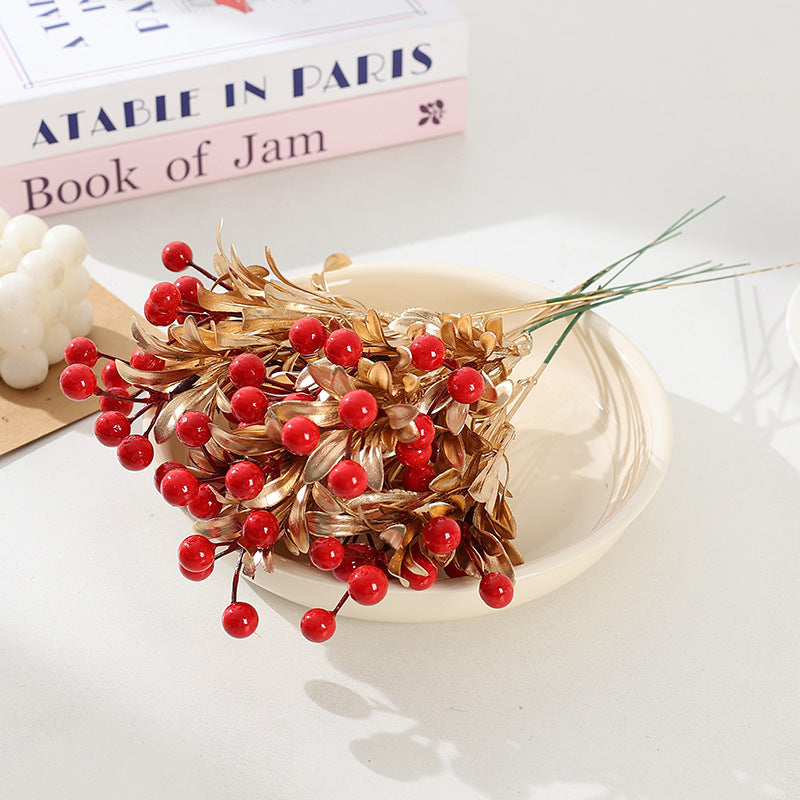 Artificial Christmas Berries with Gold Leaves, Red Berries, 5 Stems, 13", Holiday Decor, Indoor Arrangements, Wedding & Event Styling