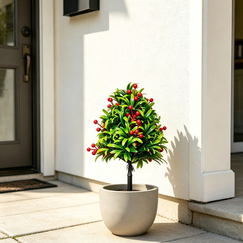Artificial Podocarpus Plant with Red Berries, 18" Long, Perfect for Home Decor, Wedding Arrangements, and Commercial Displays