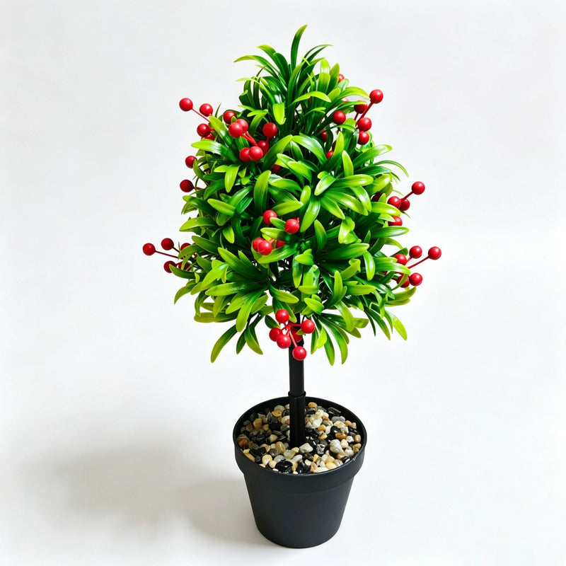 Artificial Podocarpus Plant with Red Berries, 18" Long, Perfect for Home Decor, Wedding Arrangements, and Commercial Displays