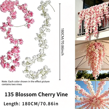 Artificial Cherry Blossom Vines, 73" Long, 135 Blooms, Set of 2, White & Pink, Modern Boho Style, Silk Material, for Home Decor, Wedding, Commercial Spaces