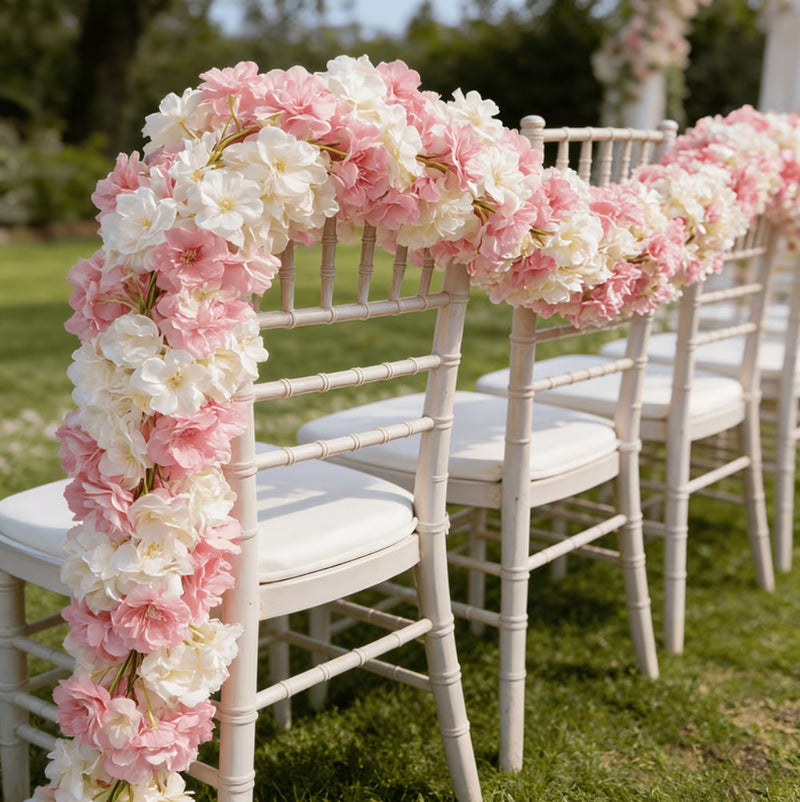 Artificial Cherry Blossom Vines, 73" Long, 135 Blooms, Set of 2, White & Pink, Modern Boho Style, Silk Material, for Home Decor, Wedding, Commercial Spaces
