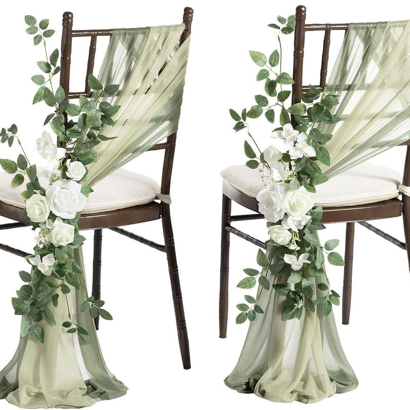 Single Stem Artificial Flower with Organza Sash, 24" Long, Perfect for Wedding Chair Decor, Outdoor Events, and DIY Projects