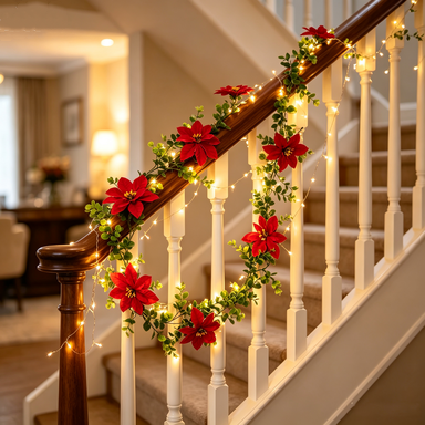 Artificial Poinsettia Vine Garland, 6ft Christmas Decoration with Realistic Leaves & Blooms, Holiday Home Staircase Mantel Decor