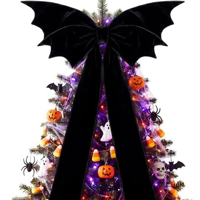 Halloween Black Velvet Bat Bow Decor, 45" Long Gothic Tree Topper for Spooky Parties, Haunted House & Holiday Decorations