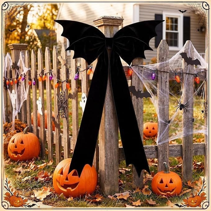Halloween Black Velvet Bat Bow Decor, 45" Long Gothic Tree Topper for Spooky Parties, Haunted House & Holiday Decorations