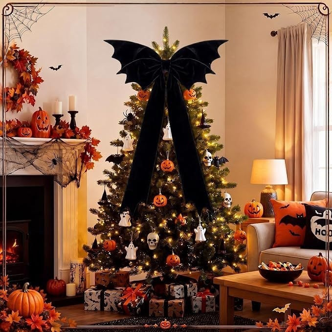 Halloween Black Velvet Bat Bow Decor, 45" Long Gothic Tree Topper for Spooky Parties, Haunted House & Holiday Decorations