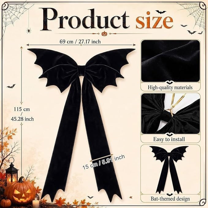 Halloween Black Velvet Bat Bow Decor, 45" Long Gothic Tree Topper for Spooky Parties, Haunted House & Holiday Decorations