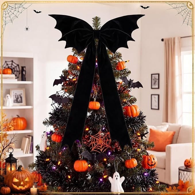 Halloween Black Velvet Bat Bow Decor, 45" Long Gothic Tree Topper for Spooky Parties, Haunted House & Holiday Decorations