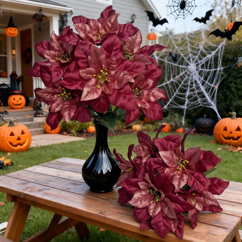 Artificial Poinsettia Christmas Flower Bush, 13" Tall, Silk, 7-Bloom, Perfect for Home Decor, Holiday Arrangements, and Events