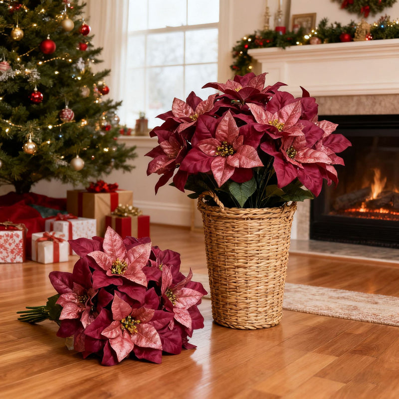 Artificial Poinsettia Christmas Flower Bush, 13" Tall, Silk, 7-Bloom, Perfect for Home Decor, Holiday Arrangements, and Events
