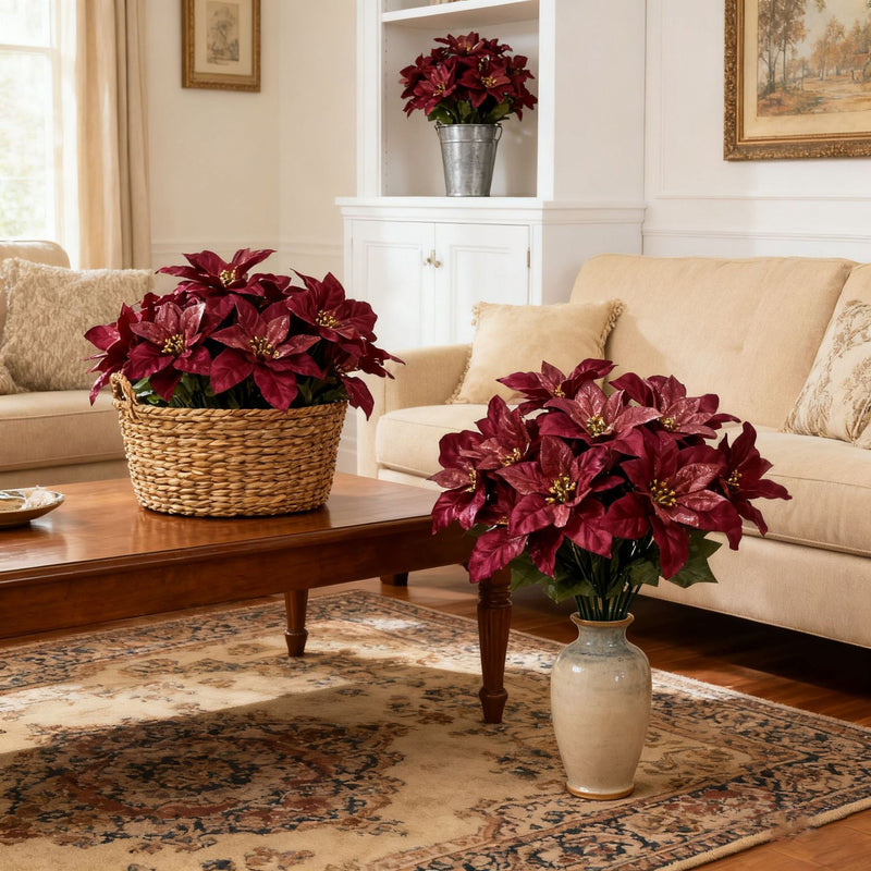 Artificial Poinsettia Christmas Flower Bush, 13" Tall, Silk, 7-Bloom, Perfect for Home Decor, Holiday Arrangements, and Events