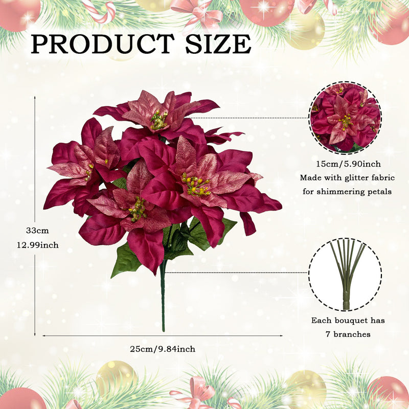 Artificial Poinsettia Christmas Flower Bush, 13" Tall, Silk, 7-Bloom, Perfect for Home Decor, Holiday Arrangements, and Events