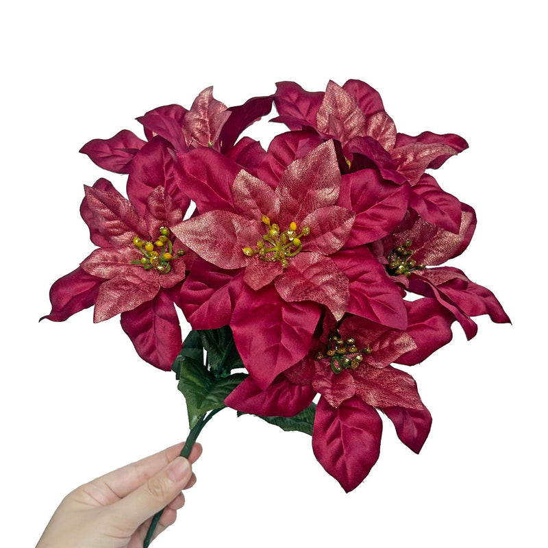 Artificial Poinsettia Christmas Flower Bush, 13" Tall, Silk, 7-Bloom, Perfect for Home Decor, Holiday Arrangements, and Events