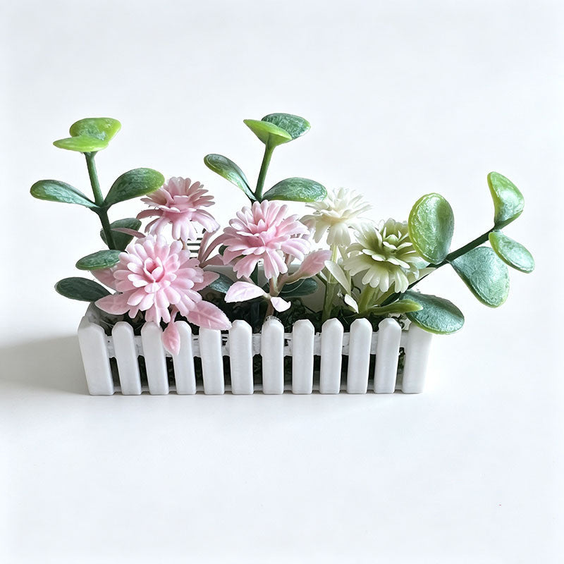 Miniature White Picket Fence with Realistic Flowers, Dollhouse Garden Decor, DIY Miniature Scenery Accessory, 6cm Tall