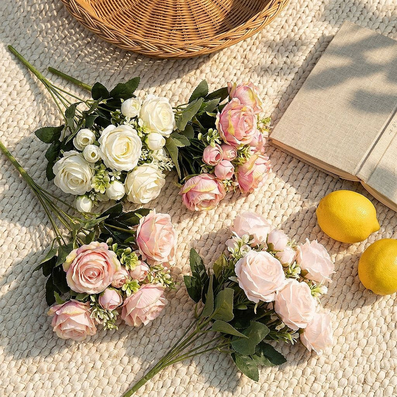 Sweetheart Rose Bush, 13" Tall, 7 Blooms, Artificial Silk Flowers for Weddings, Events, and Home Decor