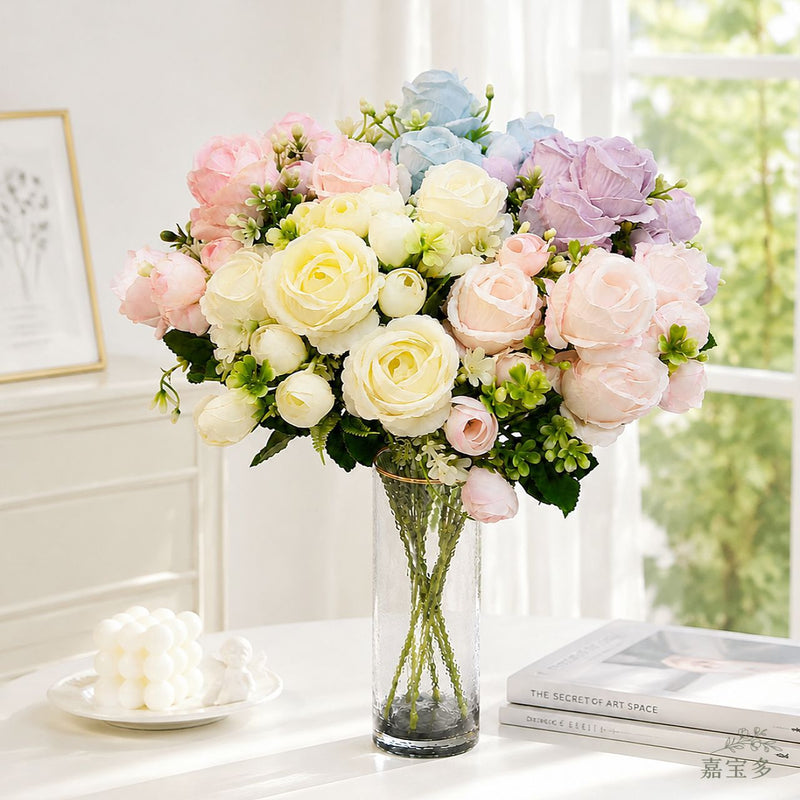 Sweetheart Rose Bush, 13" Tall, 7 Blooms, Artificial Silk Flowers for Weddings, Events, and Home Decor