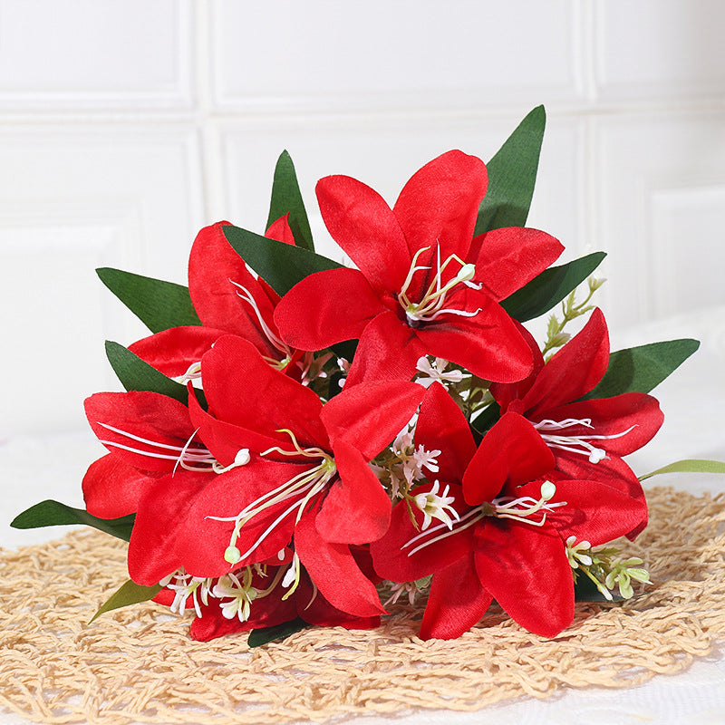 Luxury Silk Lily Bush with 7 Blooms, 14" Tall, Realistic Artificial Flowers for Weddings, Home Decor, Events