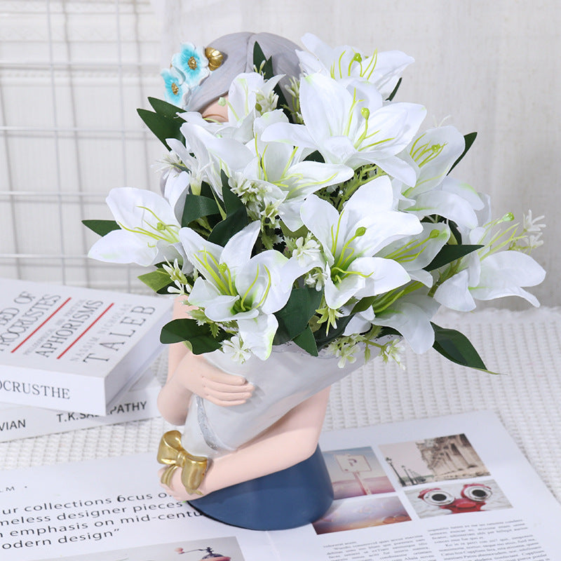 Luxury Silk Lily Bush with 7 Blooms, 14" Tall, Realistic Artificial Flowers for Weddings, Home Decor, Events