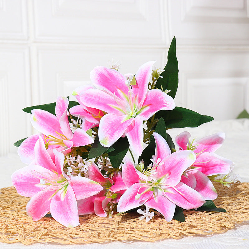 Luxury Silk Lily Bush with 7 Blooms, 14" Tall, Realistic Artificial Flowers for Weddings, Home Decor, Events