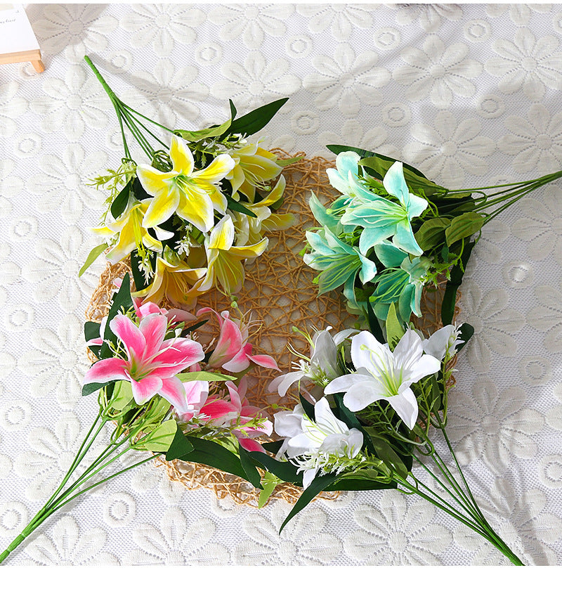 Luxury Silk Lily Bush with 7 Blooms, 14" Tall, Realistic Artificial Flowers for Weddings, Home Decor, Events