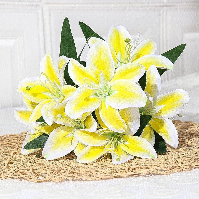 Luxury Silk Lily Bush with 7 Blooms, 14" Tall, Realistic Artificial Flowers for Weddings, Home Decor, Events