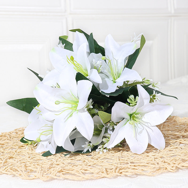 Luxury Silk Lily Bush with 7 Blooms, 14" Tall, Realistic Artificial Flowers for Weddings, Home Decor, Events