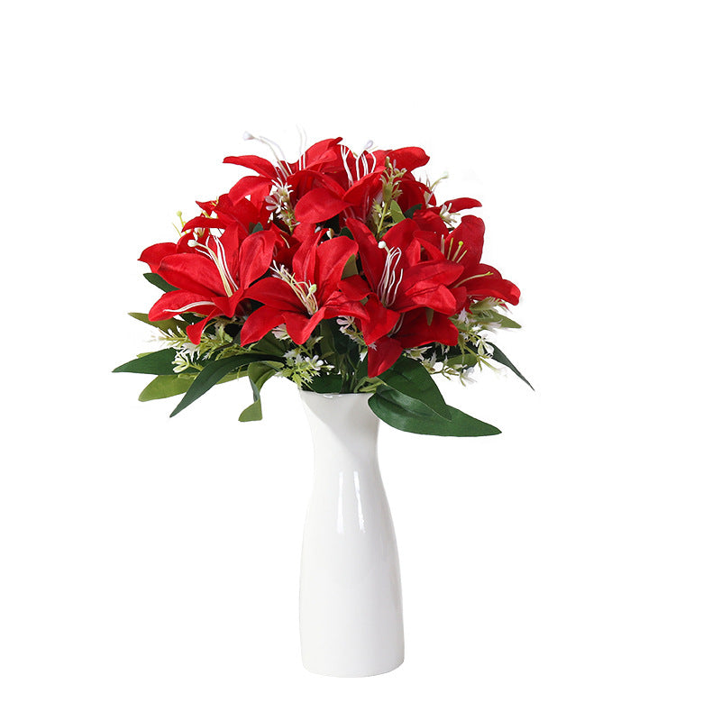 Luxury Silk Lily Bush with 7 Blooms, 14" Tall, Realistic Artificial Flowers for Weddings, Home Decor, Events