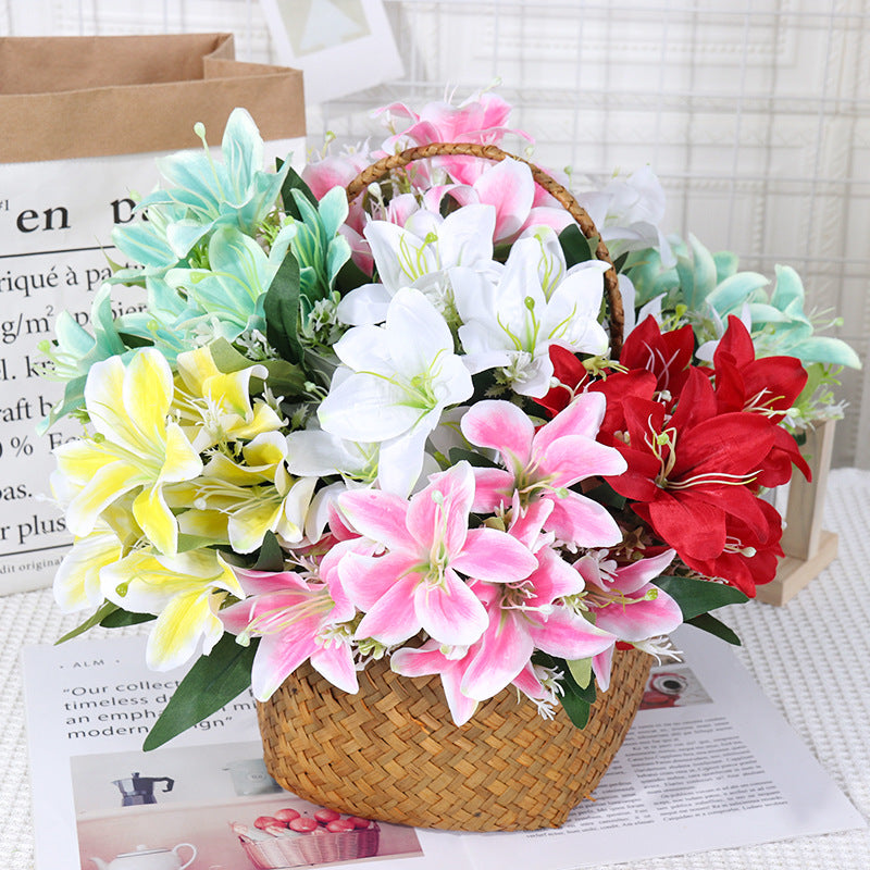 Luxury Silk Lily Bush with 7 Blooms, 14" Tall, Realistic Artificial Flowers for Weddings, Home Decor, Events