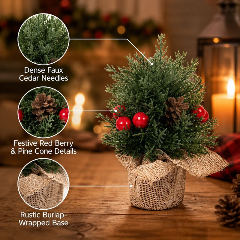 Mini Christmas Tree Decor, Set of 3 Sizes, Burlap Base with Pinecones, Holiday Tabletop Decor for Home, Office, and Events