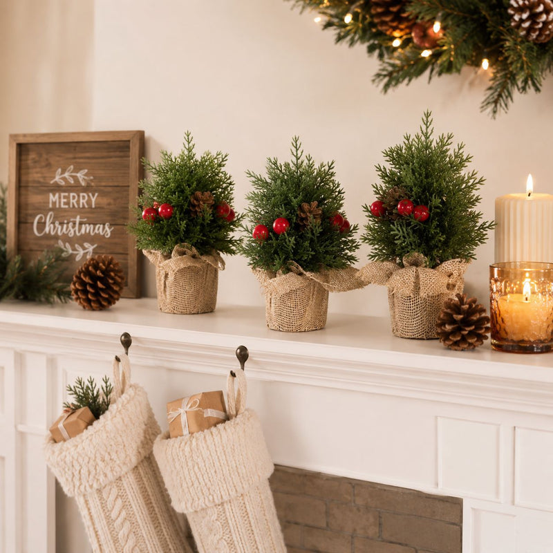 Mini Christmas Tree Decor, Set of 3 Sizes, Burlap Base with Pinecones, Holiday Tabletop Decor for Home, Office, and Events