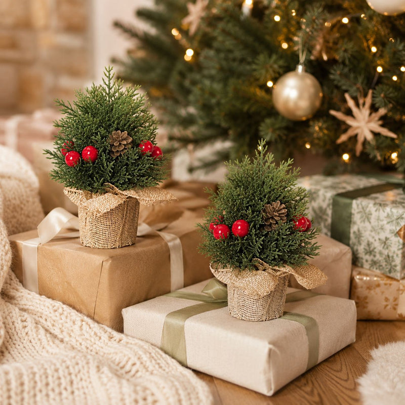 Mini Christmas Tree Decor, Set of 3 Sizes, Burlap Base with Pinecones, Holiday Tabletop Decor for Home, Office, and Events